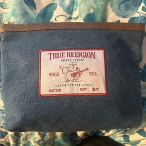 True Religion Blue and Brown Toiletry Bag with Leather Trim